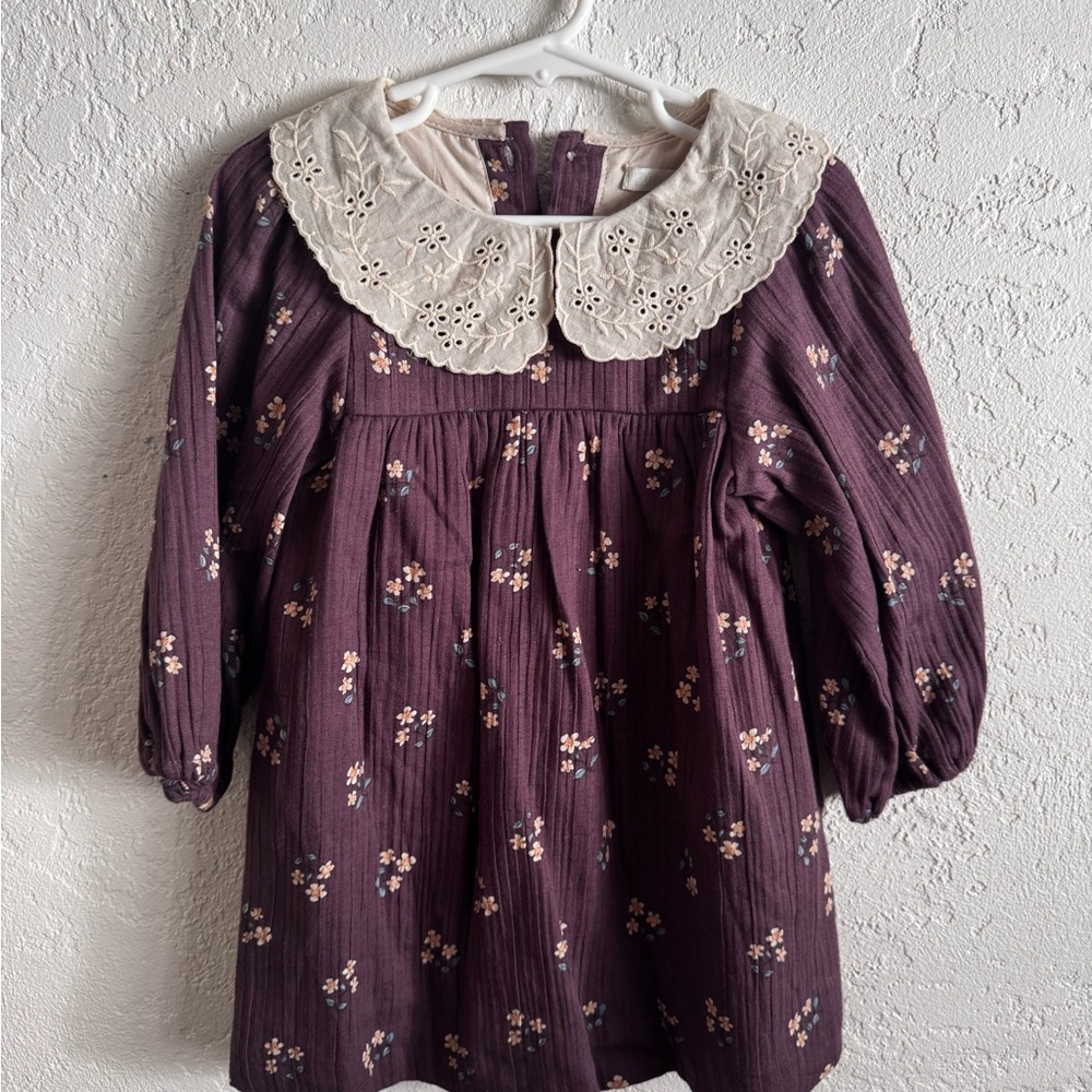 NWT Zara Purple Floral Kids Dress with Cream Collar